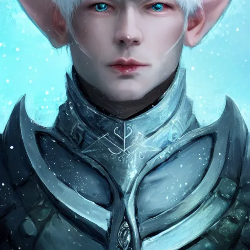 Prompt: close - up portrait of a handsome male snow elf face in a turquoise cape and silver ornate armour as an archer, full face, albino skin, winter vibes, perfect face, elegant, very coherent symmetrical artwork, atmospheric lighting, rule of thirds, by wenjun lin, krenz cushart, charlie bowater, trending on artstation