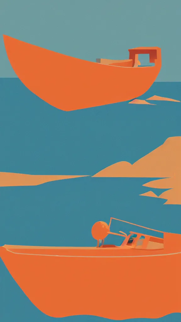 Prompt: a pale orange boat floating on top of a body of water in bassin d'arcachon, a sand dune in the distant background, a vintage poster screenprint by Tom Whalen, behance contest winner, australian tonalism, pale gradients design, matte drawing, outrun, low poly