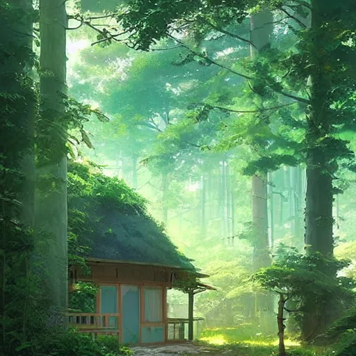 Image similar to A studio ghibli forest, a little cottage with solarpanels, solarpunk, green, blue sky, by Greg Rutkowski