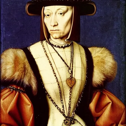 Image similar to a highly detailed renaissance oil painting of a raven dressed in elegant tudor clothes by hans holbein