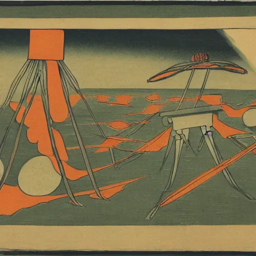 Prompt: war of the worlds, late meiji period, colored woodblock