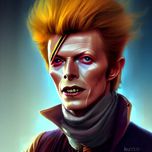 Prompt: portrait painting of david bowie age 2 5, bright and energetic, with a sly grin and wild hair ， is a steampunk wizard ， render cinematic lighting art 1 9 2 0 period drama by bussiere rutkowski andreas rocha