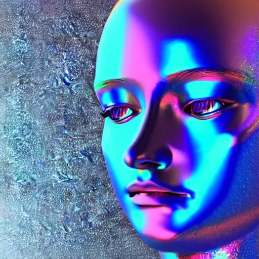 Image similar to 3d render of holographic human robotic head made of glossy iridescent, surrealistic 3d illustration of a human face non-binary, non binary model, 3d model human, cryengine, made of holographic texture, holographic material, holographic rainbow, concept of cyborg and artificial intelligence