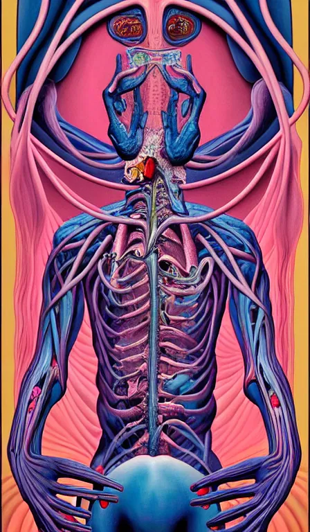 Prompt: a biomorphic painting of a magician tarot card, a anatomical medical illustration by nychos and alex grey, cgsociety, neo - figurative, pastel blues and pinks, detailed painting, rococo, oil on canvas, lovecraftian