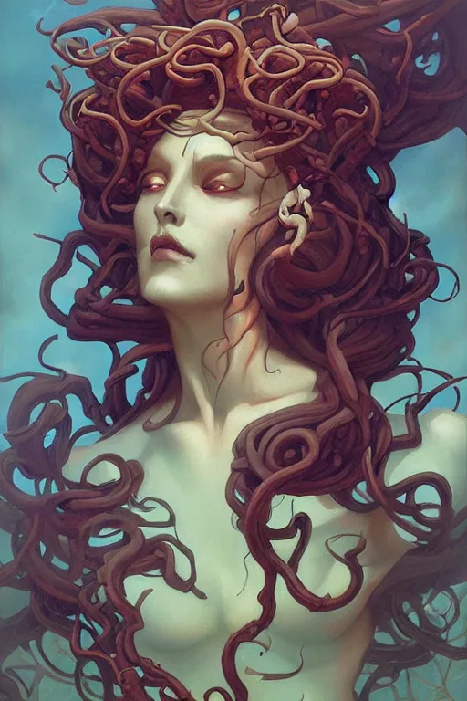 Image similar to Medusa by Peter Mohrbacher in the style of Gaston Bussière, Art Nouveau