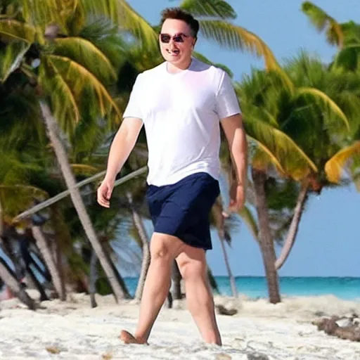 Image similar to elon musk smiling walking at the beach chilling in aruba