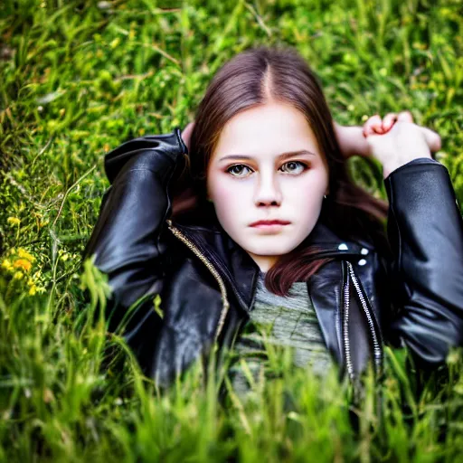 Image similar to young girl lies on a meadow, she wears leather jacket, jeans and black boots, intricate, sharp focus, photo taken by nikon, 4 k,