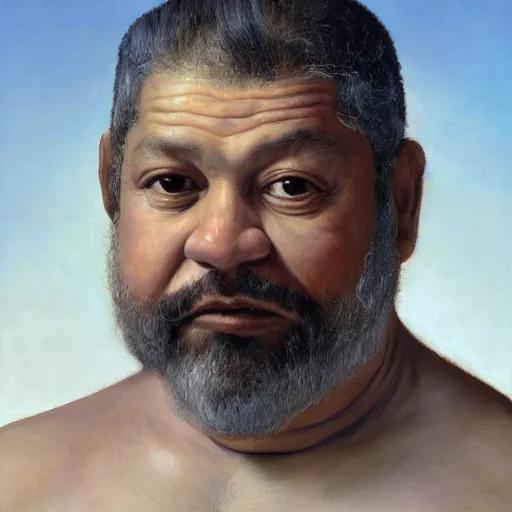 Prompt: close up portrait of a middle - aged mexican man with a beard, shirtless, blank background, rembrandt lighting, detailed, by kehinde wiley, kadir nelson