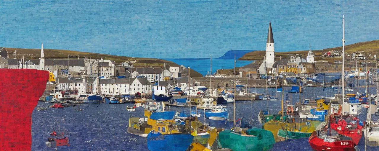 Prompt: a painting of the harbour at Stromness orkney, photocollage, photomontage, david hockney