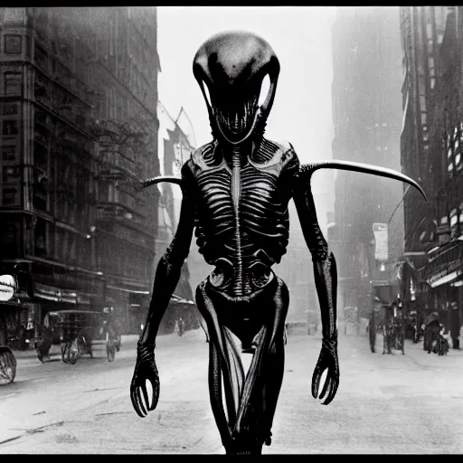 Image similar to old black and white photo, 1 9 1 3, depicting a xenomorph from the movie aliens rampaging through the bustling streets of new york city, historical record