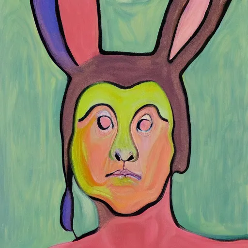 Image similar to A woman puking rainbow bunnies painted by Alice Neel