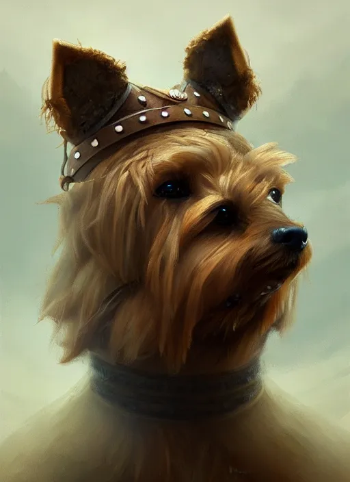 Image similar to norwich terrier as an viking, backround dark, highly detailed, digital illustration, trending in artstation, modern painting, smooth, sharp focus, intricate, by peter mohrbacher