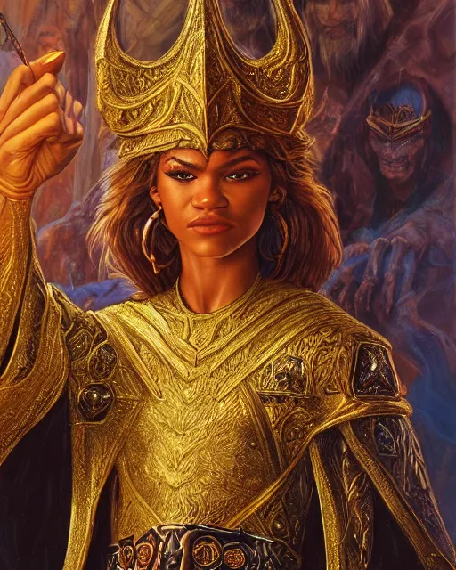 Image similar to detailed portrait of Zendaya as a powerful dungeons and dragons wizard, wearing gilded robe, intricate, hyper detailed, realistic, oil painting, by jeff easley, boris vallejo, cinematic lighting