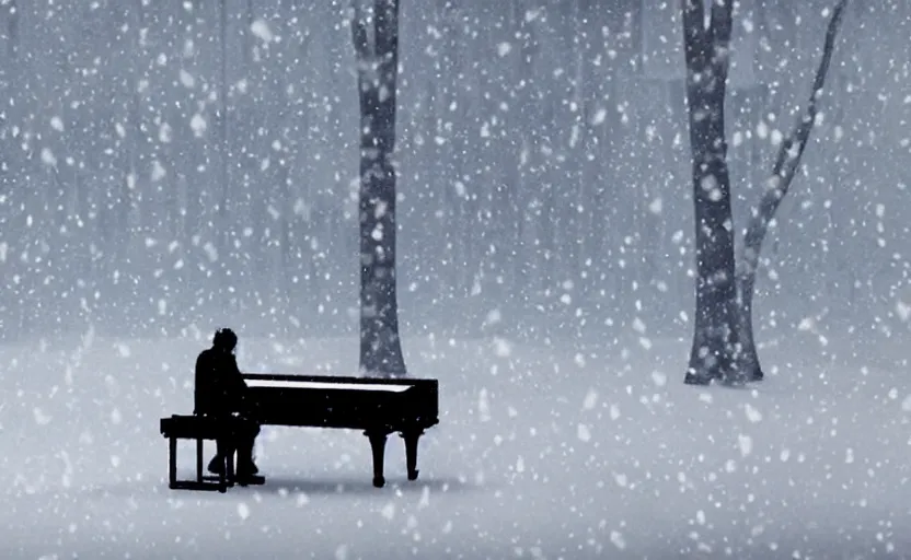 Image similar to a man playing piano in the heavy snow, a screenshot from the anime film by Makoto Shinkai