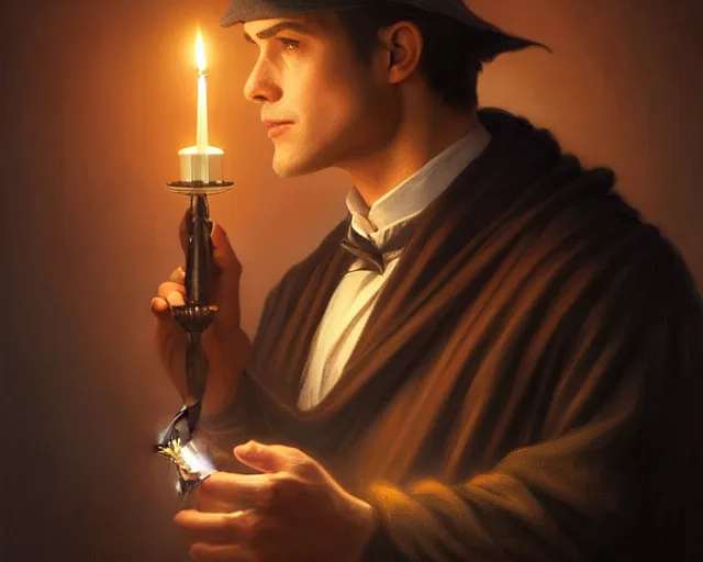 Image similar to a mind - blowing portrait of a fortune seeker male, clean shaven, holding a candle holder, wearing dark maritime clothing, long night cap, deep focus, d & d, fantasy, intricate, elegant, highly detailed, digital painting, artstation, concept art, matte, sharp, illustration, hearthstone, art by artgerm and greg rutkowski and alphonse mucha