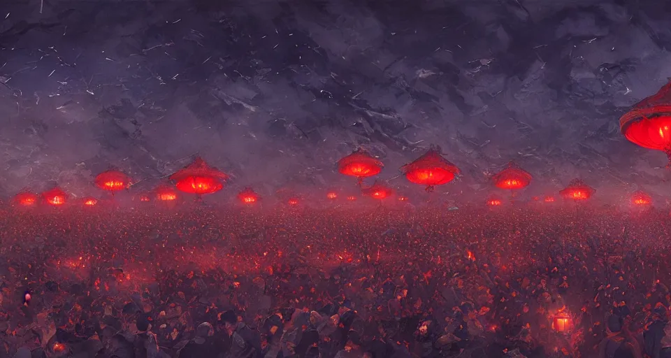 Image similar to craig mullins and ghibli digital art of zhongyuan festival in china ， red lanterns in the sky, black night sky, stars, below is the crowd, rivers, villages ， unreal engine, hyper realism, realistic shading, cinematic composition, realistic render, octane render, detailed textures, photorealistic, wide shot