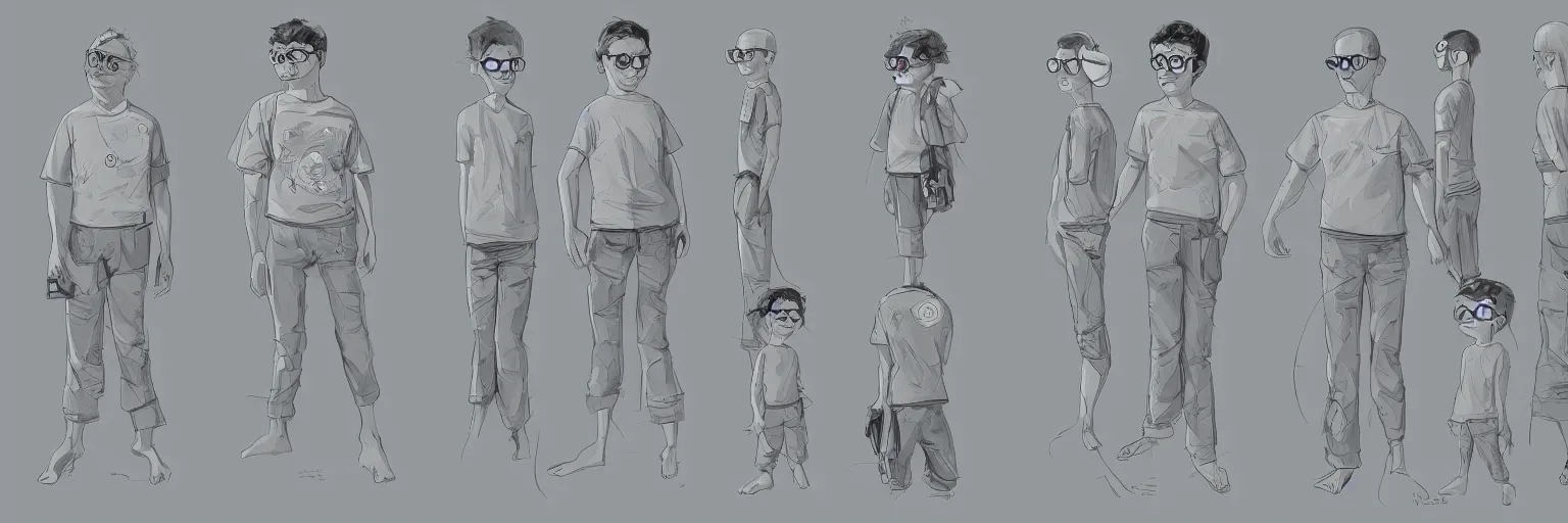 Prompt: character study of down syndrome todd solondz dressed in beach clothes, clear, evil, glasses, character sheet, fine details, concept design, contrast, kim jung gi, da vinci and pixar, trending on artstation, 8 k, full body and head, turnaround, front view, back view, ultra wide angle