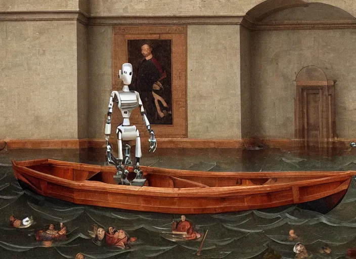 Image similar to a portrait of a robot sitting in a small boat in a renaissance room flooded with water,