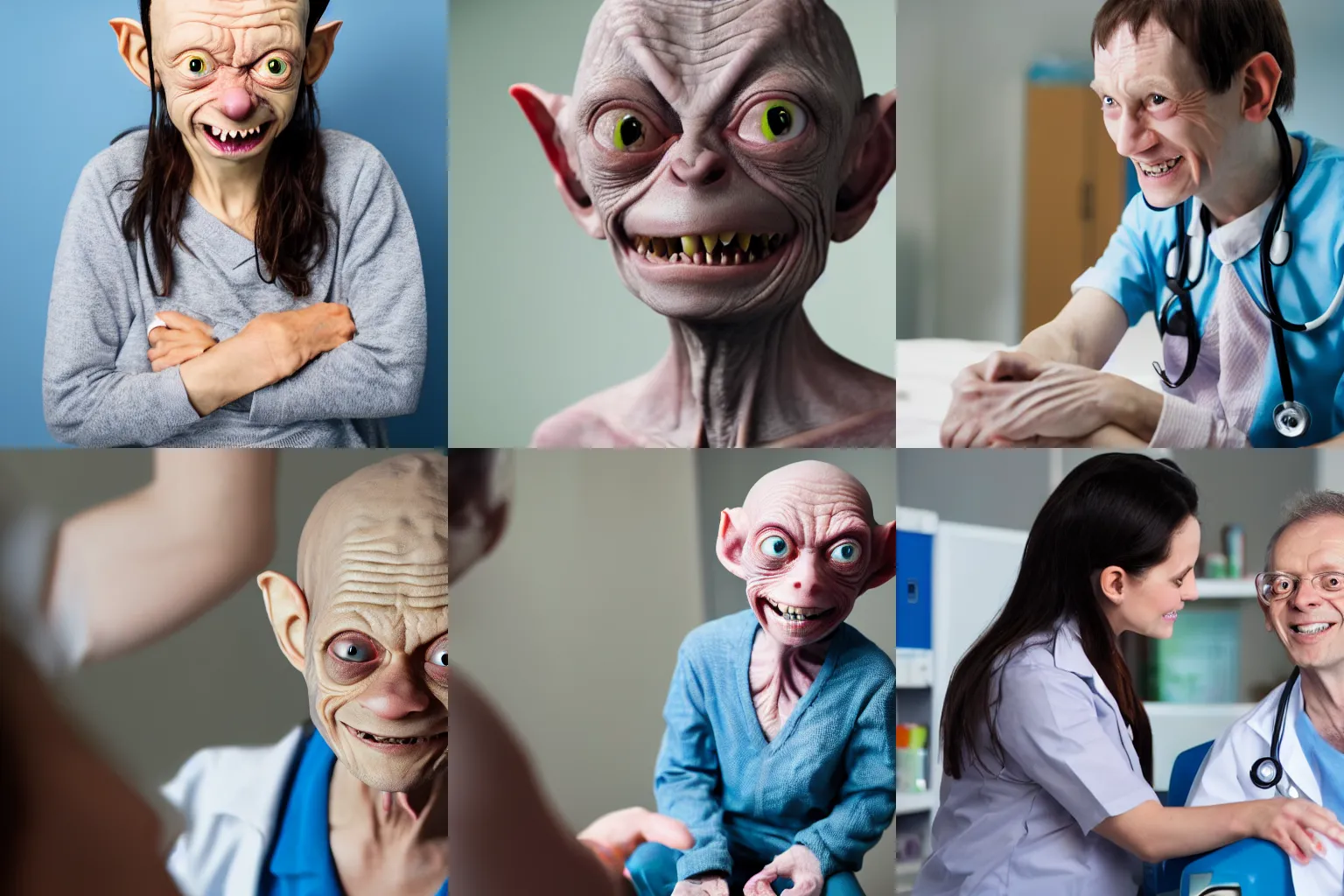 Prompt: Gollum working as a pediatrician, stock photograph, 4k, warm smile, watermarked