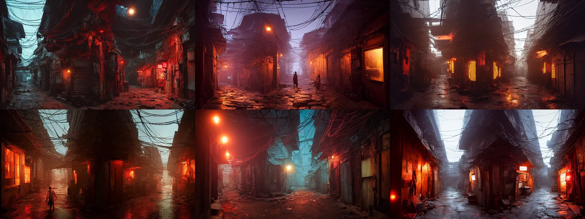Prompt: old rural alley in mumbai, shops warm lights,, epic scale, sci fi horror, close up, wadim kashin, simon stalenhag, xf iq 4, f / 1. 4, iso 2 0 0, 1 / 1 6 0 s, 8 k, raw, featured in artstation, octane render, cinematic, elegant, intricate, 8 k