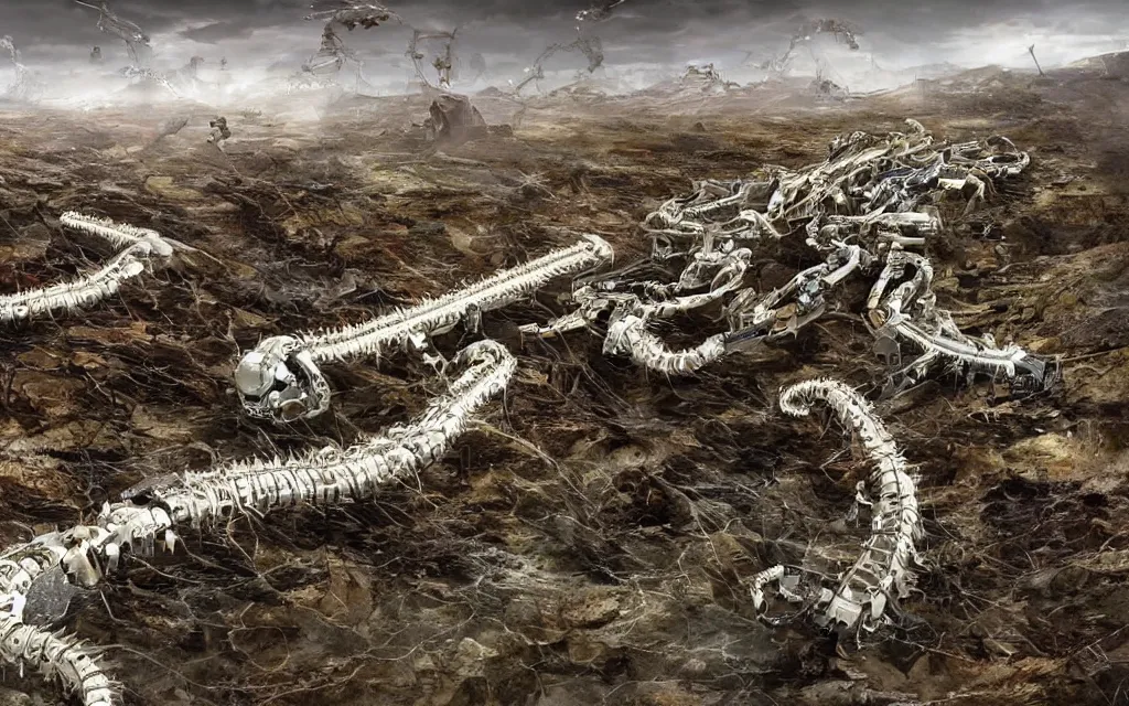 Image similar to gigantic robotic centipede travelling across a broken landscape
