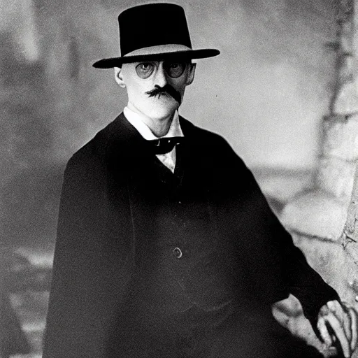 Prompt: james joyce as dracula, black and white, photograph