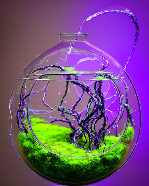 Prompt: product photography of ultra-violet terrarium overflowing with glowing liquid, vines wrap around the terrarium, unreal engine 5, blender, depth of field, landscape, lush, ultra realistic, cinematic, macro, artstation, megascan, elegant, epic, Quixel, weta digital, focus, octane render, v-ray, 8k, art by Sonia Delaunay