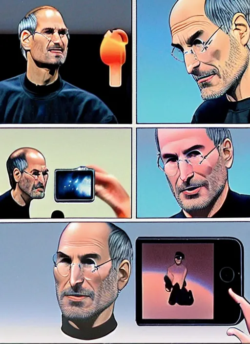 Image similar to steve jobs revealing the iphone at wwdc, manga comic, color, by katsuhiro otomo and hiroya oku and makoto yukimura