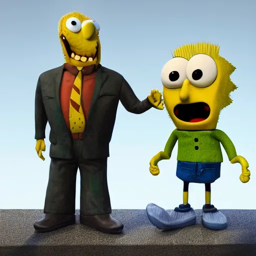 Image similar to sponch bob and harry potter soon business handshake, they're all statues, octane render, 8 k, highly detailed, hyper - realistic.