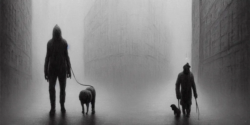 Image similar to painting of a dog and it's lifeless owner wandering the streets of london, half the painting is glitched, by zdzislaw beksinski, by dariusz zawadzki, by wayne barlowe, gothic, surrealism, cold hue's, warm tone gradient background, concept art, focused scene, medium shot, beautiful composition