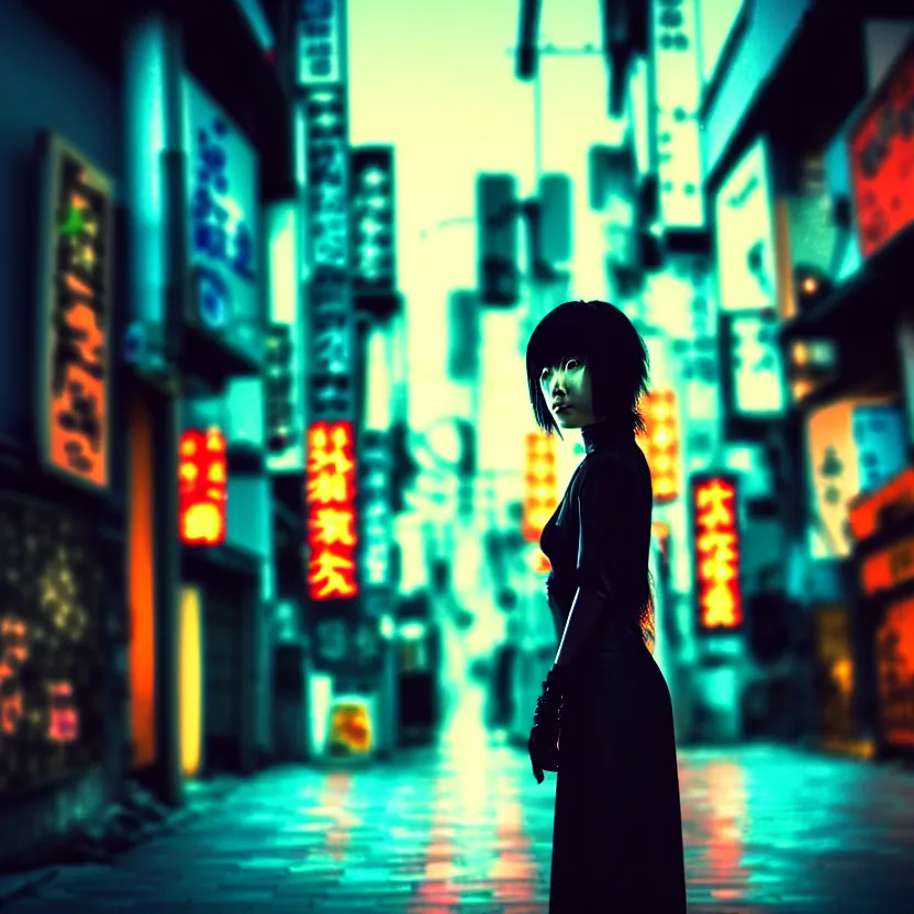 Prompt: a photo close up cyberpunk mysterious woman stands in a cyberpunk hiroshima, prefecture streets, sunset, photorealistic, cinematic lighting, highly detailed, bokeh, style by tomino - sama