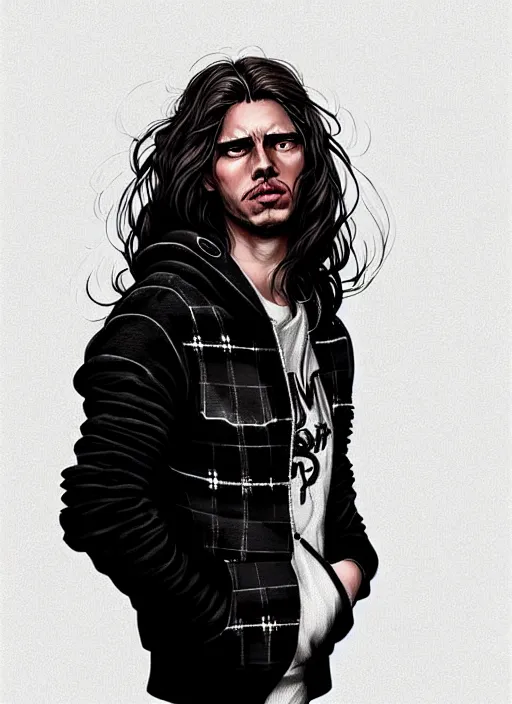 Image similar to highly detailed portrait of a beautiful man with long hair, tartan hoody, photographic realistic background, ringlet hair by atey ghailan, by greg rutkowski, by greg tocchini, by james gilleard, by joe fenton, by kaethe butcher, gradient violet, black, cream and white color scheme, trending in pinterest, award winning details