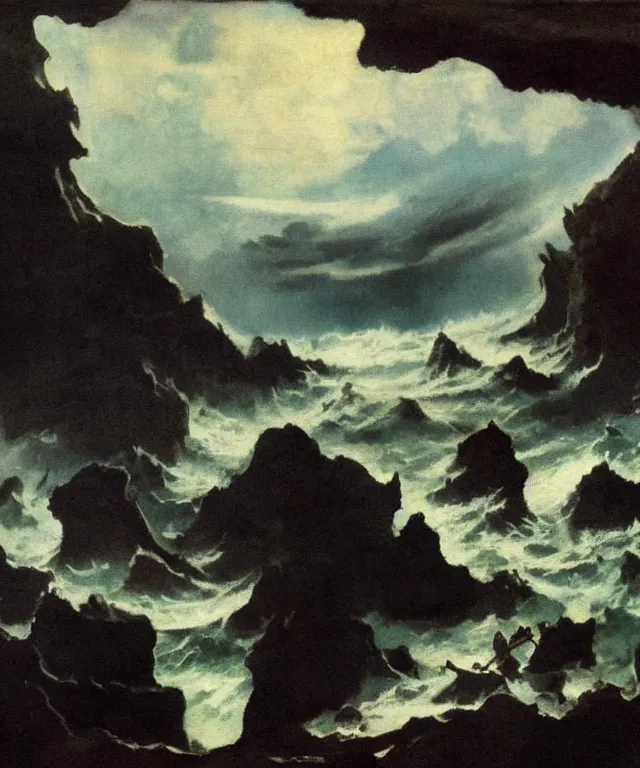 Prompt: photorealistic mixed - media painting of a 1 9 2 5 seiner sailing near a short tropical cliff with the mouth of a sea cave at the waterline, dark, brooding, atmospheric, lovecraft, horror, smooth, epic, highly detailed, cinematic, by frank frazetta