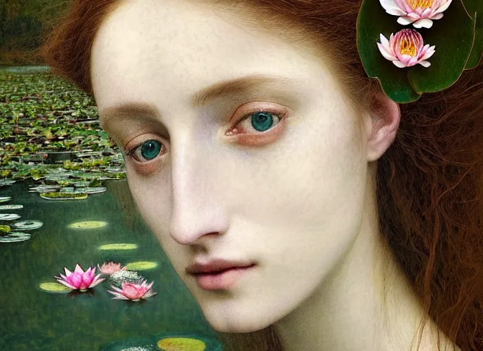 Image similar to portrait photo of a beautiful woman how pre-Raphaelites neauty type in style of Paolo Roversi, natural color skin, the face emerges from the water of a pond with water lilies, half face and hair are immersed in water, a beautiful lace dress and hair are intricate with highly detailed realistic beautiful flowers , Realistic, Refined, Highly Detailed, natural outdoor soft rose colors scheme, blur background, outdoor fine art photography, Hyper realistic, photo realistic 8K, soft light, volumetric lighting, highly detailed, britt marling style 3/4