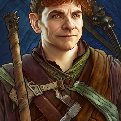 Prompt: full body portrait of scowling halfling male rogue, shifty smile, untrusting paranoid adventurer, fantasy, highly detailed, digital painting, sharp focus, hand - drawn character concept illustration, art by artgerm, john howe and alphonse mucha
