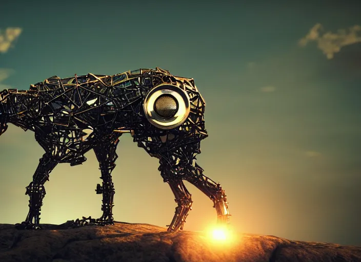 Prompt: an animal made of retrofuturistic metal parts, sunset, hazy, volumetric lighting, rtx on, washed out dark colors, an award - winning digital render, beautiful, stunning, ultradetailed, great composition