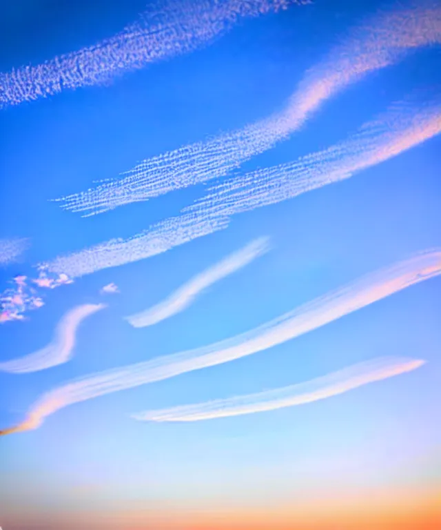 Prompt: thin cloud streaks in cursive on clear blue sky sunset