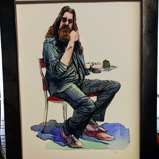 Prompt: watercolor ink painting of an man sitting, the dude from the big lebowski magician closes his eyes, in the style of jean giraud, 8 k, highly detailed