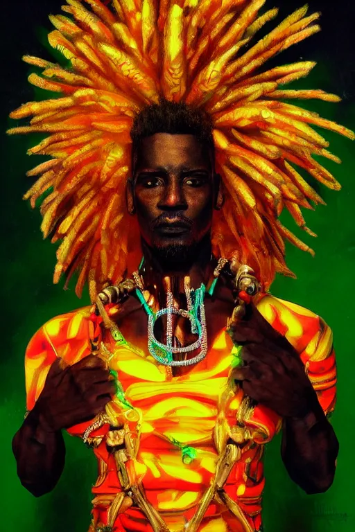 Image similar to detailed full body concept illustration of an African male with body augmentations, strong neon lighting, Afrofuturism, extravagant feathered collar, by glenn fabry, hyper realistic, HD, oil on canvas