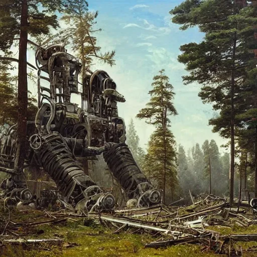 Prompt: a ivan shishkin and simon stalenhag painting of a ruined building and enormous robot