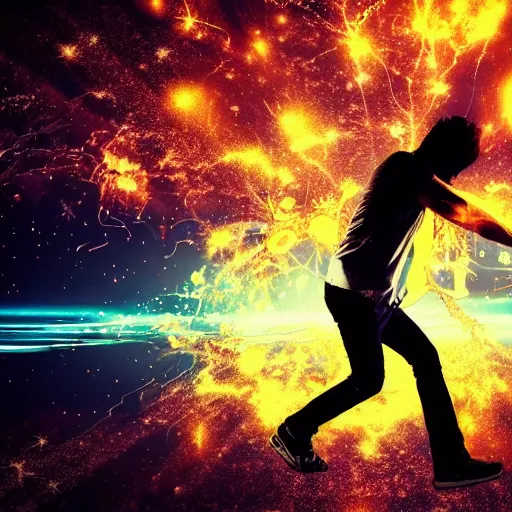 Image similar to man hitting the ground creating a explosion, anime, album cover, musical notes