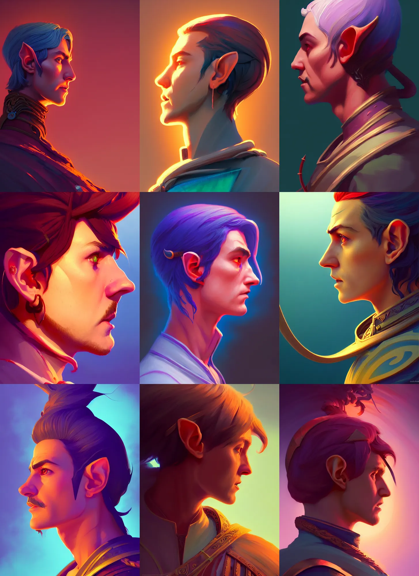 Prompt: side profile centered painted portrait, male elf archer, d & d, gloomhaven, matte painting concept art, art nouveau, beautifully backlit, swirly vibrant color lines, fantastically gaudy, aesthetic octane render, 8 k hd resolution, by ilya kuvshinov and cushart krentz and gilleard james