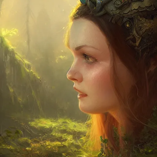 Image similar to closeup portrait of a young vivian leigh, forest background, elf ears, megacity, high fantasy, gorgeous view, depth, high detail, digital art, painted by greg rutkowski, trending on artstation