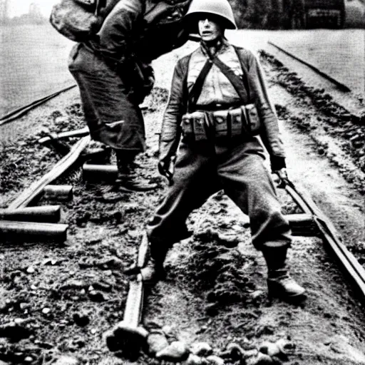 Image similar to omni man, historical photo, ww 2, trench