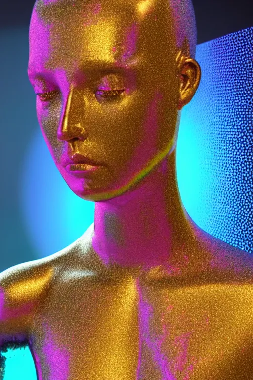 Image similar to 3d render of holographic human robotic bust made of glossy iridescent, bust, surrealistic 3d illustration of a human non-binary, non binary model, 3d model human, cryengine, made of holographic texture, holographic material, holographic rainbow, concept of cyborg and artificial intelligence