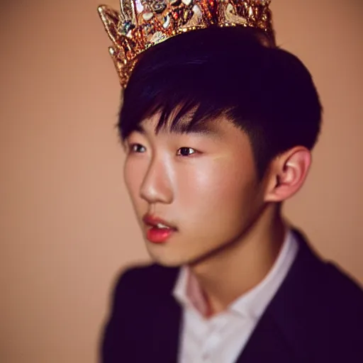 Image similar to Portrait of a handsome asian young man wearing a crown and jewelry, fashion, cinematic lighting, captured in low light, sharp focus, detailed, cinestill 800t