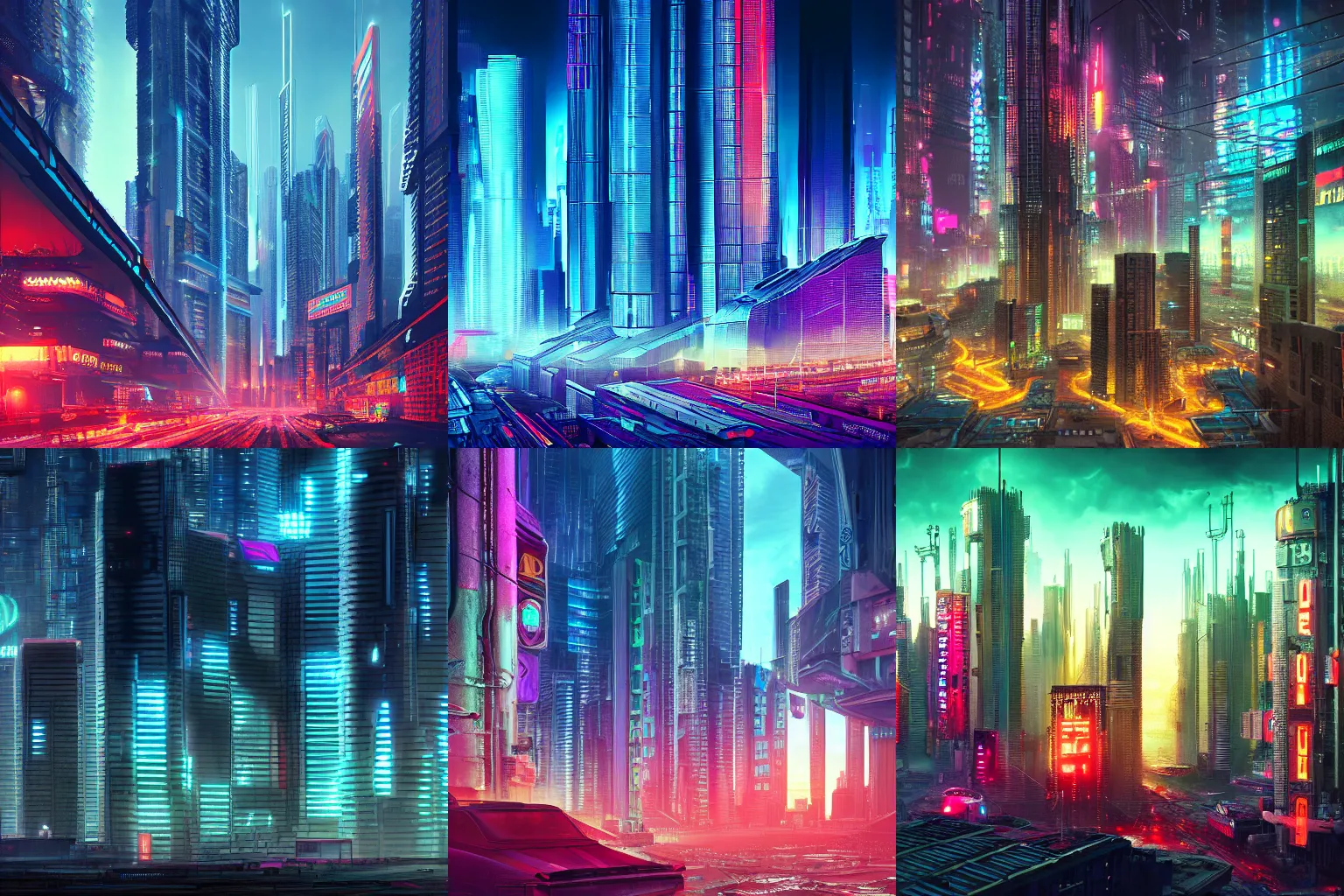 Prompt: Dystopian Cyberpunk city, ground shot of neon corporate mega-towers, vibrant, realism, highly detailed digital art, 8k Octane