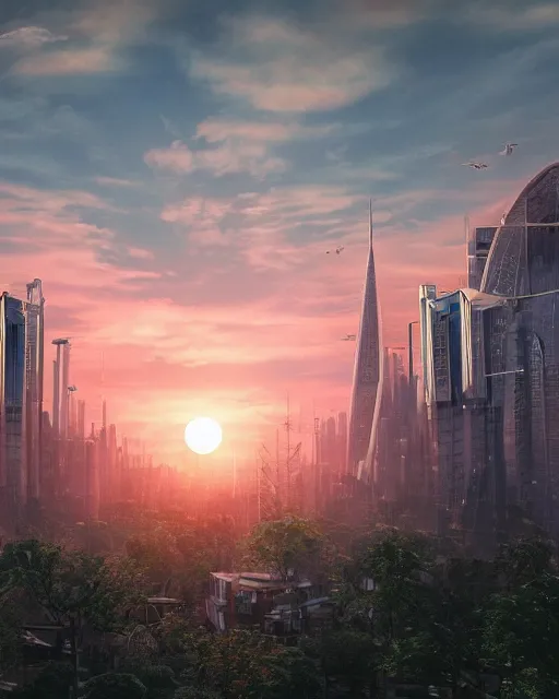 Prompt: photo of sunrise over a beautiful solarpunk city, many trees, dramatic lighting, romantic, sci-fi, futuristic, hyper realistic, architecture