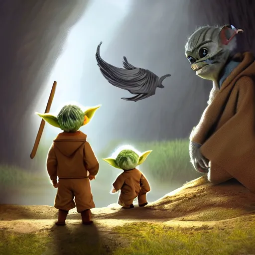 Image similar to the opening credits of the ( andy griffith tv show ) starring babyyoda and gandolf. photorealistic digital art in the style of pixar, epic fantasy, dramatic lighting, cinematic, extremely high detail, cinematic lighting, trending, artstation, cgsociety, 3 d ue 5, 4 k, hq