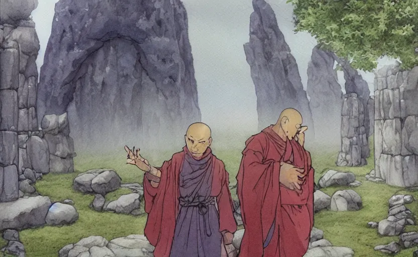 Image similar to a hyperrealist anime watercolor fantasy concept art of a giant monk with a big forehead and a small druid with a grey robe in stonehenge on a misty night. in the background several immense stones are floating in the air. by rebecca guay, michael kaluta, charles vess